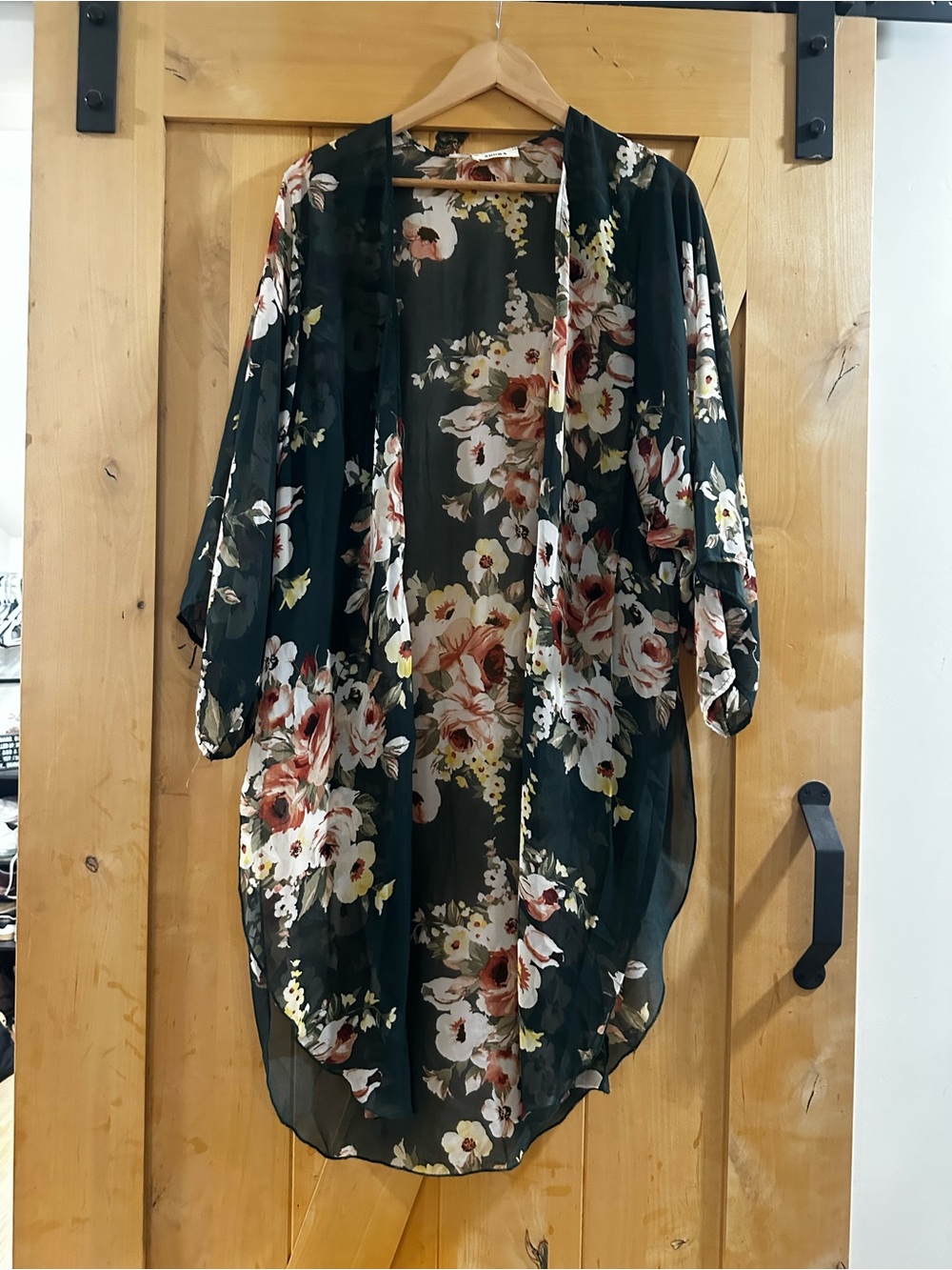 Adore Floral Sheer Open Kimono Cardigan - Black with Blush & Cream Flowers